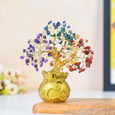 Lucky Feng Shui 7 Chakra Tree with Golden Money Bag Base   Healing Crystal Gemstone Bonsai Tree for Wealth  Prosperity  Positive Energy  and Home Deco